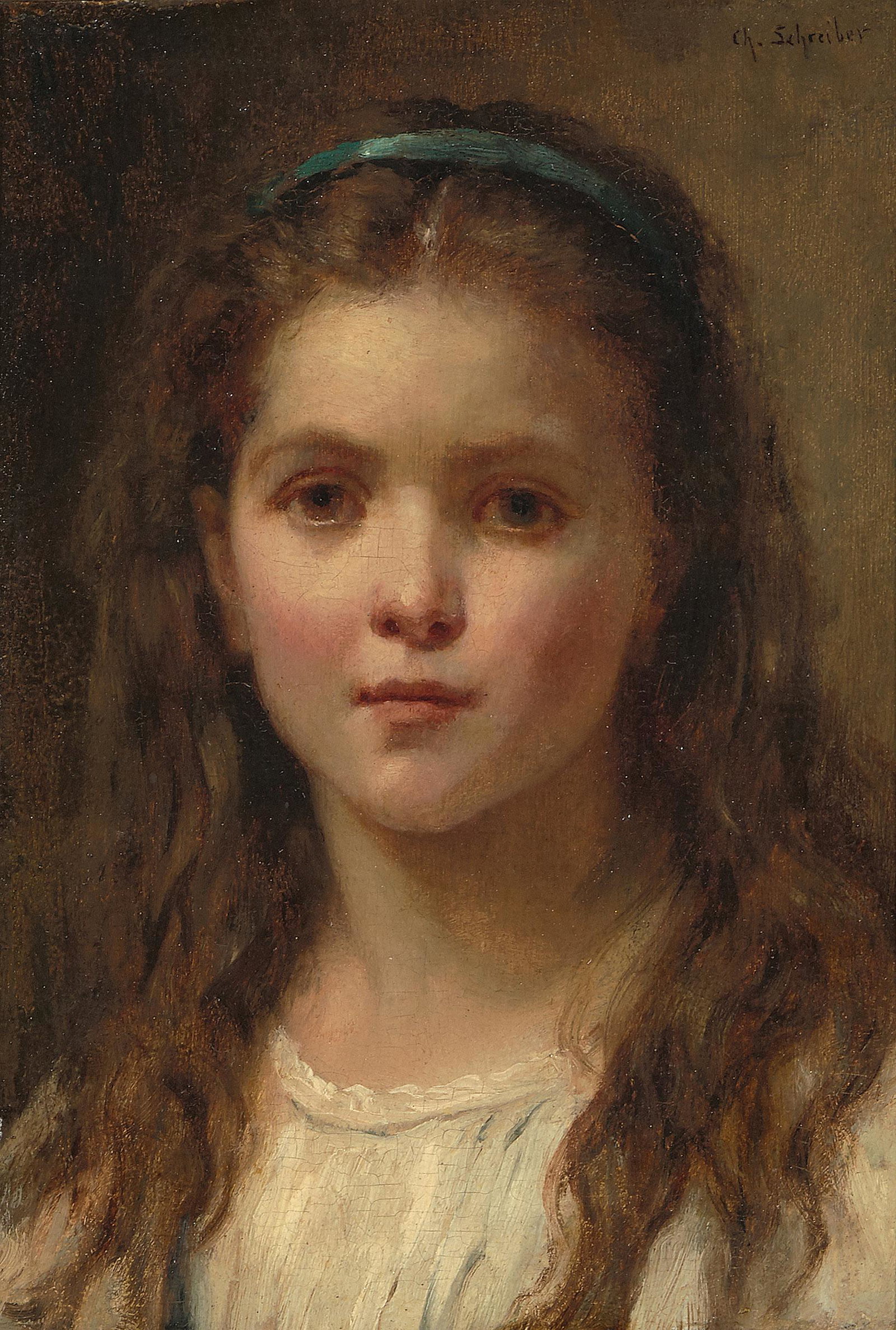 Schreiber, Charles Baptiste: (1847 Paris 1902) Bildnis eines Mädchens. Öl auf Holz. Oben rechts signiert, verso altes Auktionsetikett. 16x11,2 cm.