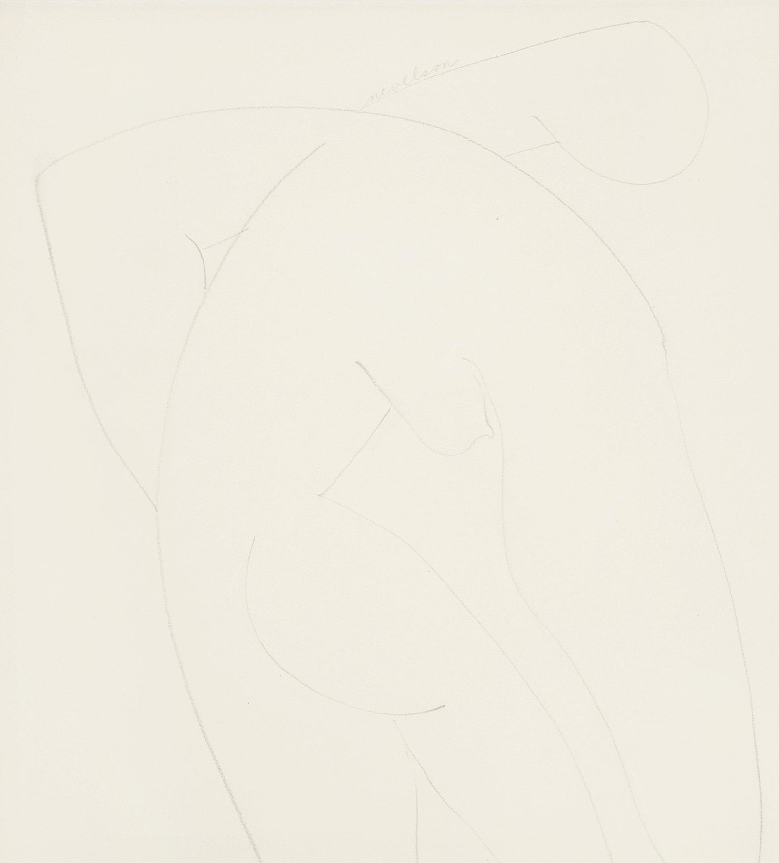 Nevelson, Louise: (Perejaslaw-Chmelnyzkyj 1899–1988 New York) Akt. Bleistift auf Papier. Oben mittig in Bleistift signiert. Blattgrösse 27x25 cm. Gerahmt. -Blatt leicht gebräunt. Verso am oberen Rand an Passepartou