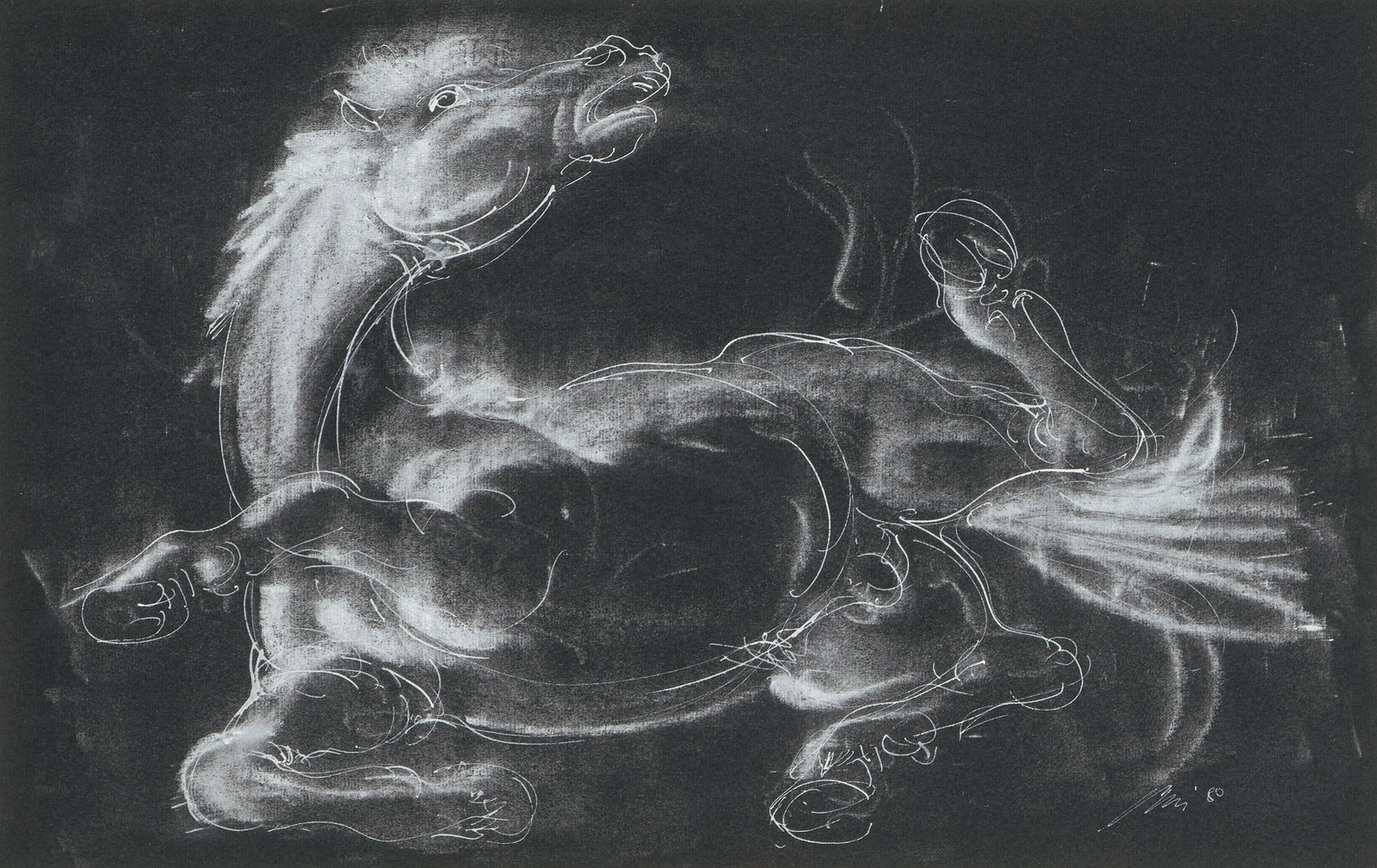 Erni, Hans: (Luzern 1909–2015 Luzern) Sich rollendes Pferd. 1980. Tempera auf schwarzem Papier. Unten rechts signiert und datiert. Blattgrösse 32x50 cm. Gerahmt. -Verso an allen Rändern komplett an Passeparto