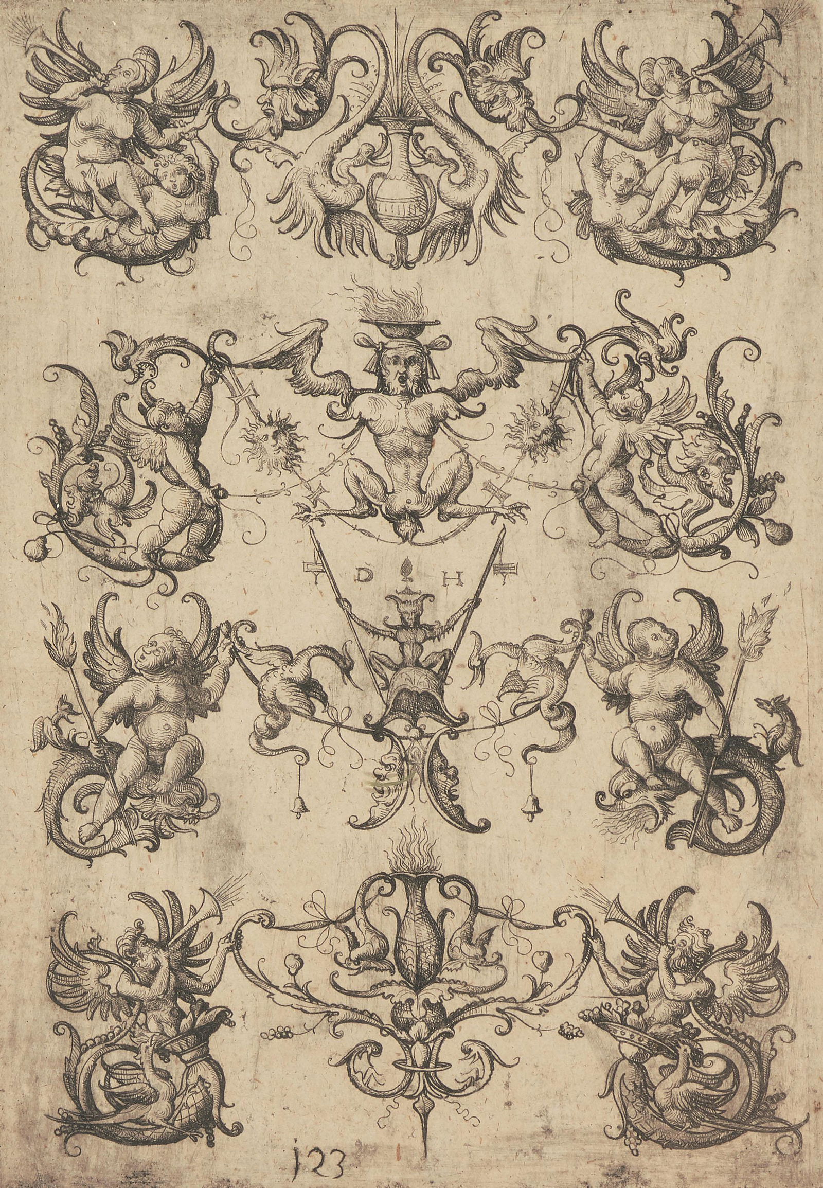 Hopfer, Daniel: (Kaufbeuren um 1470–1536 Augsburg). 12 Grotesken-Ornamente mit Putten, Tritone ua. Radierung. 22x15,7 cm. (Platte)