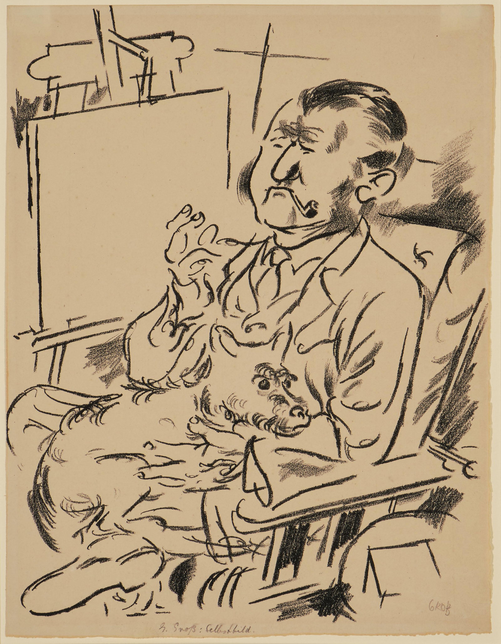 Grosz, George: (Berlin 1893–1959 Berlin) "Selbstbildnis mit Hund vor der Staffelei". 1926. Unten rechts in Bleistift signiert. Blattgrösse 41x31 cm. -Blatt leicht gebräunt und leicht fleckig. Ränder und Ecken l