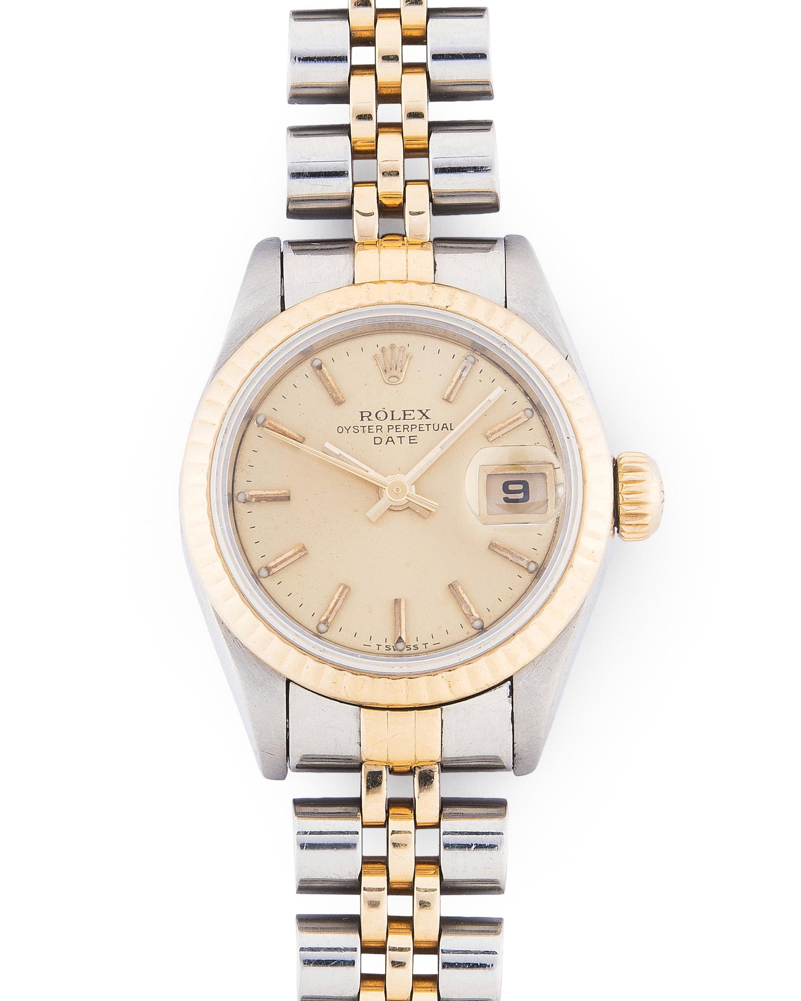 Rolex Date: Runde, automatische Armbanduhr 70er Jahre in Bicolorgehäuse. Boden verschraubt, Werknummer 145611, Kaliber 2135, Referenznummer 69000A, D 26 mm. Goldfarbenes Zifferblatt mit Stundenindizes und Rolexk