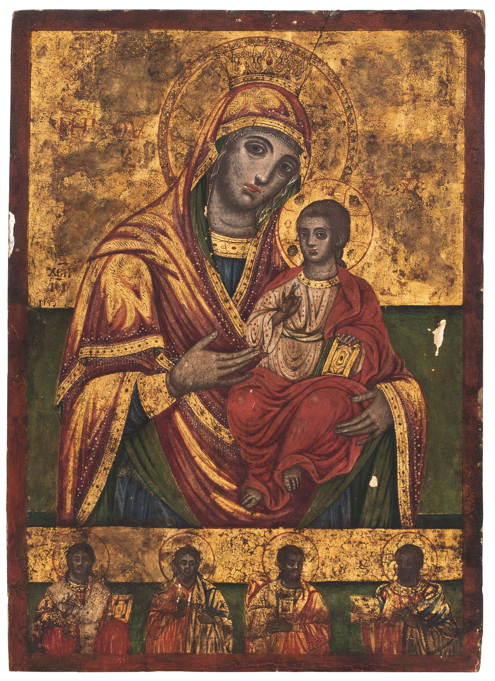 Gottesmutter Hodegetria: Griechisch, um 1800. Tempera über Kreidegrund auf Holz. Grün-goldener Hintergrund. 2 Register. Oben: Gottesmutter, das segnende Kind in ihrem linken Arm haltend. Unten: 4 Heilige (ohne Tituli). 41x2