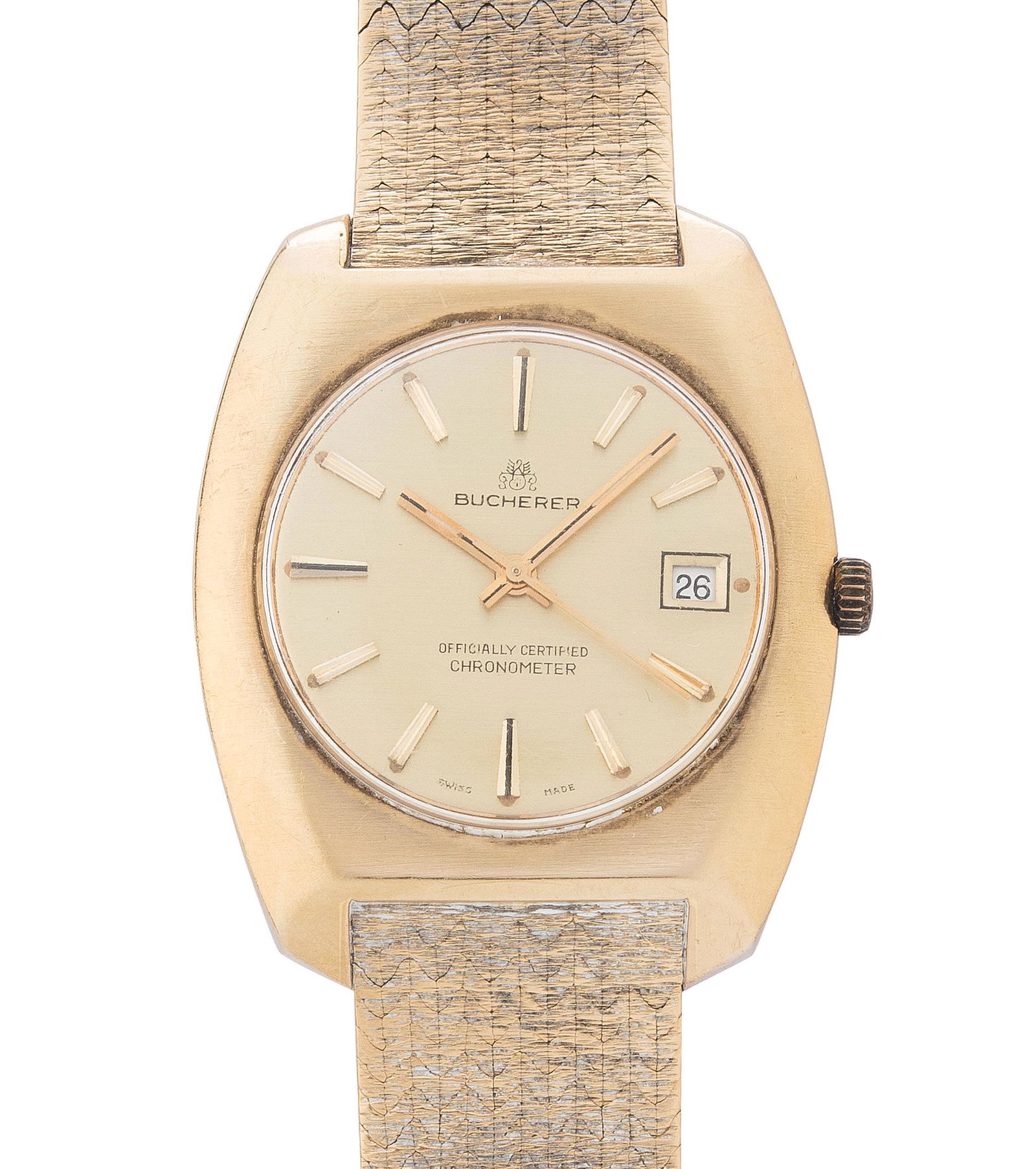 Bucherer Chronometer: Runder, automatischer Chronometer 80er Jahre in tonneauförmigem 750 Gelbgoldgehäuse mit Armband ca. 80 g. Boden verschraubt, Werknummer 108134, Kaliber ETA-Werk 2724, Gehäusenummer 2622-2724, D 37