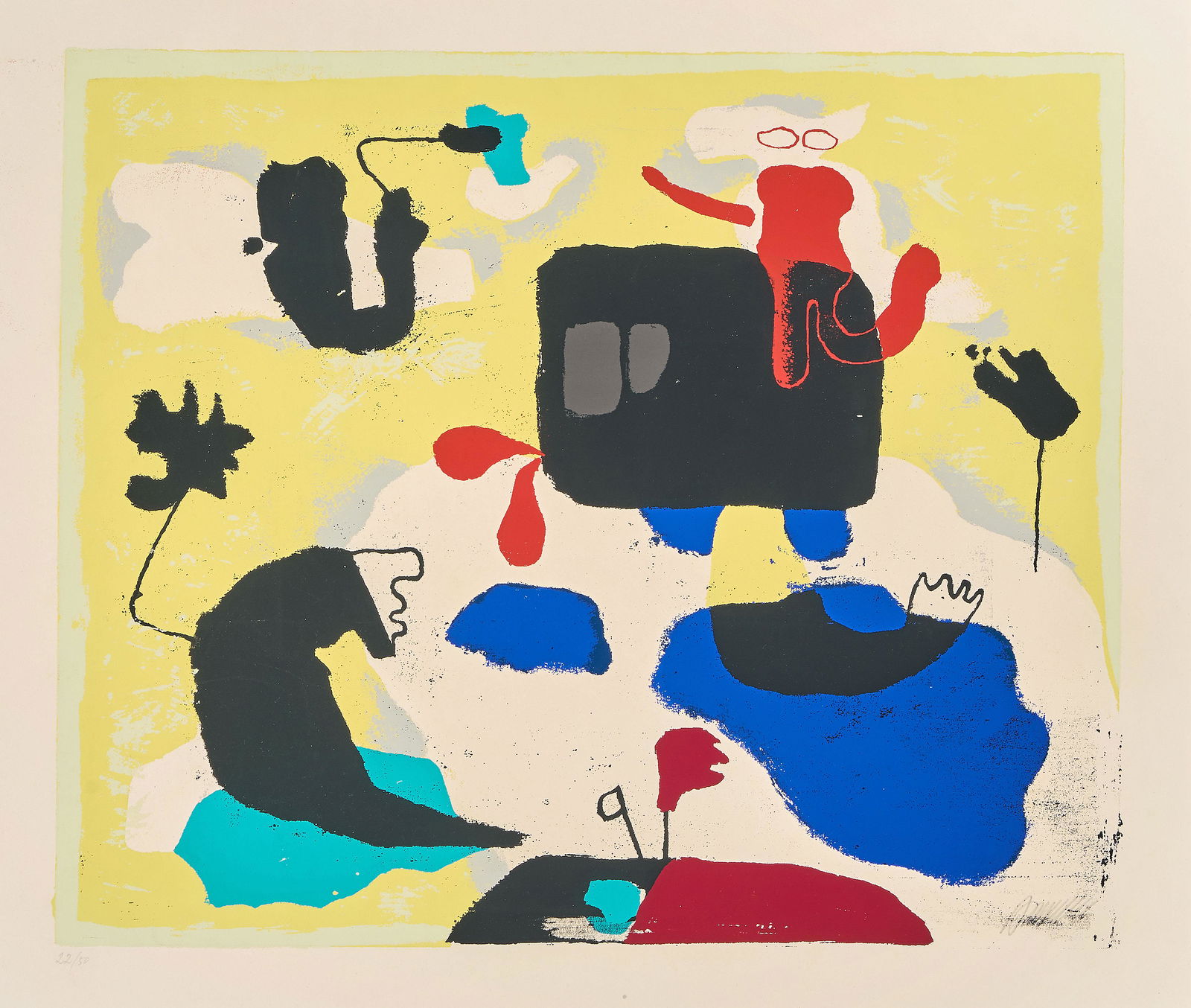 Baumeister, Willi: (Stuttgart 1889–1955 Stuttgart) "Moby Dick". 1951. Farbserigraphie. 22/50. Unten rechts signiert. Darstellung 46x54 cm. Blattgrösse 61,3x68,7 cm. -Blatt minimst gebräunt. Ränder und Ecken minimst