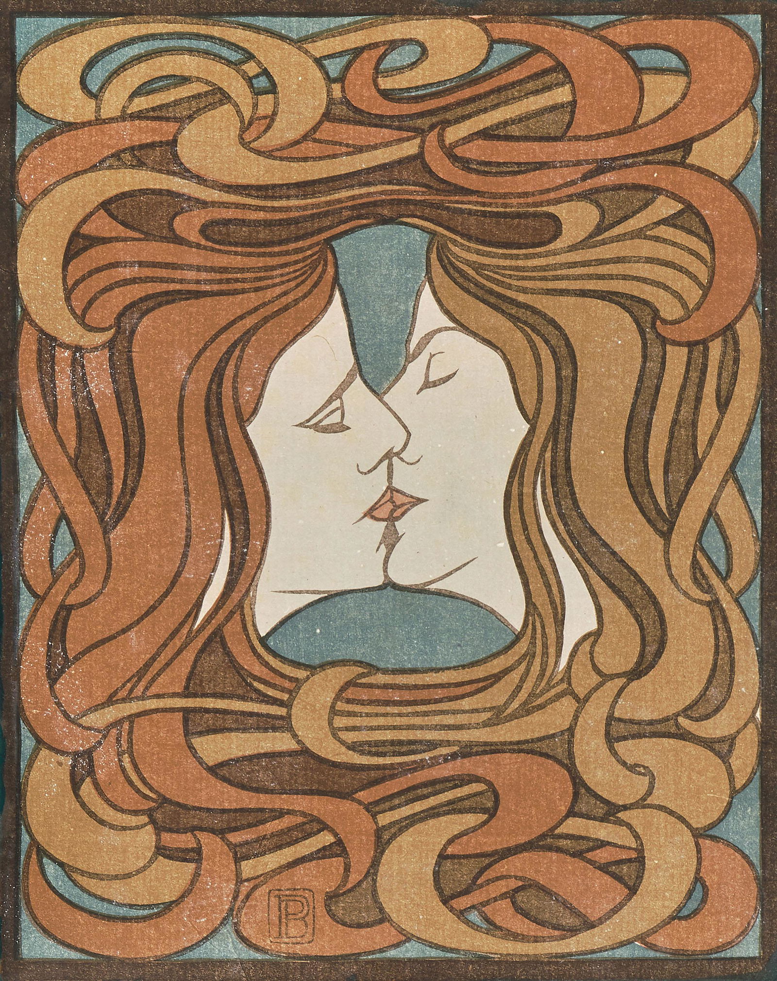 Behrens, Peter: (Hamburg 1868–1940 Berlin) Der Kuss. Farbholzschnitt. Unten links im Druck monogrammiert und bezeichnet: "Peter Behrens, sechsfarbiger Originalholzschnitt PAN IV2". Lichtmass 28x22,5 cm. Gerahmt. -B