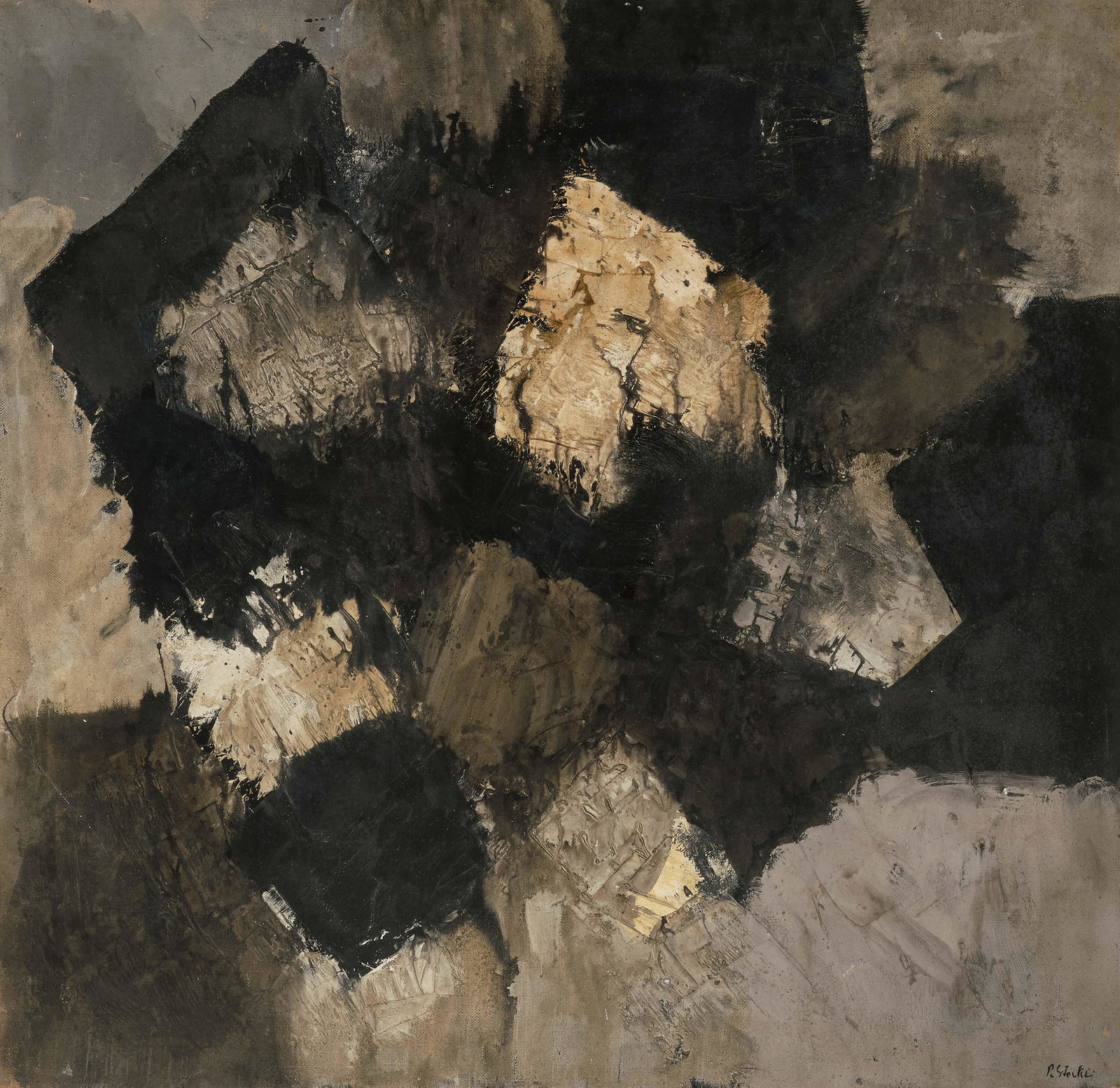 Stöckli, Paul: (1906 Stans 1991) Ohne Titel. Öl und Tempera auf Hartfaserplatte. Unten rechts signiert. 122x125 cm. - Einige Kratzspuren.