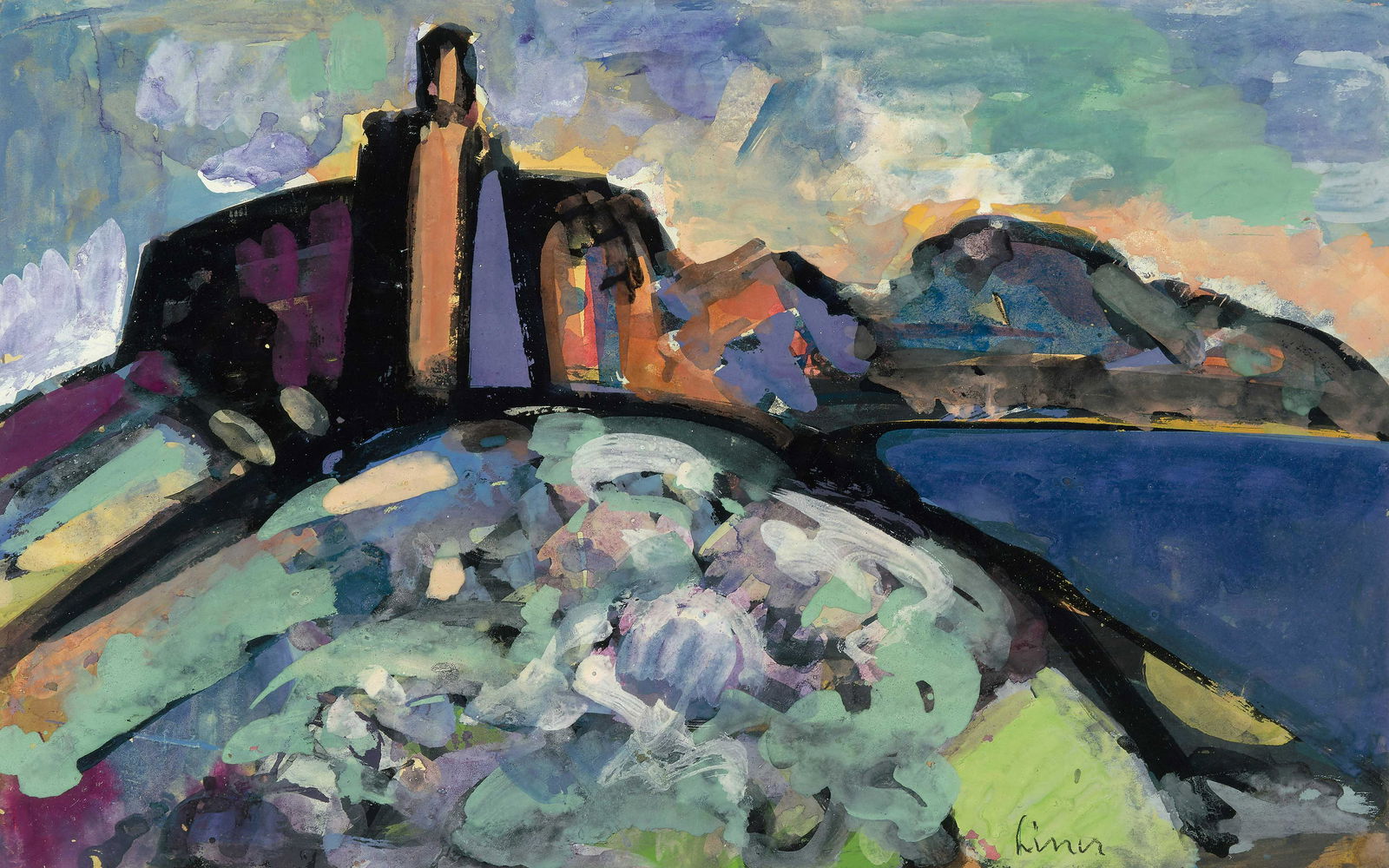 Liner, Carl Walter: (St. Gallen 1914–1997 Appenzell) Auf Korsika. Gouache auf Papier. Unten rechts in Kohle signiert. Blattgrösse 32,8x52,2 cm. Gerahmt. -Blatt verso partiell an Passepartout montiert.