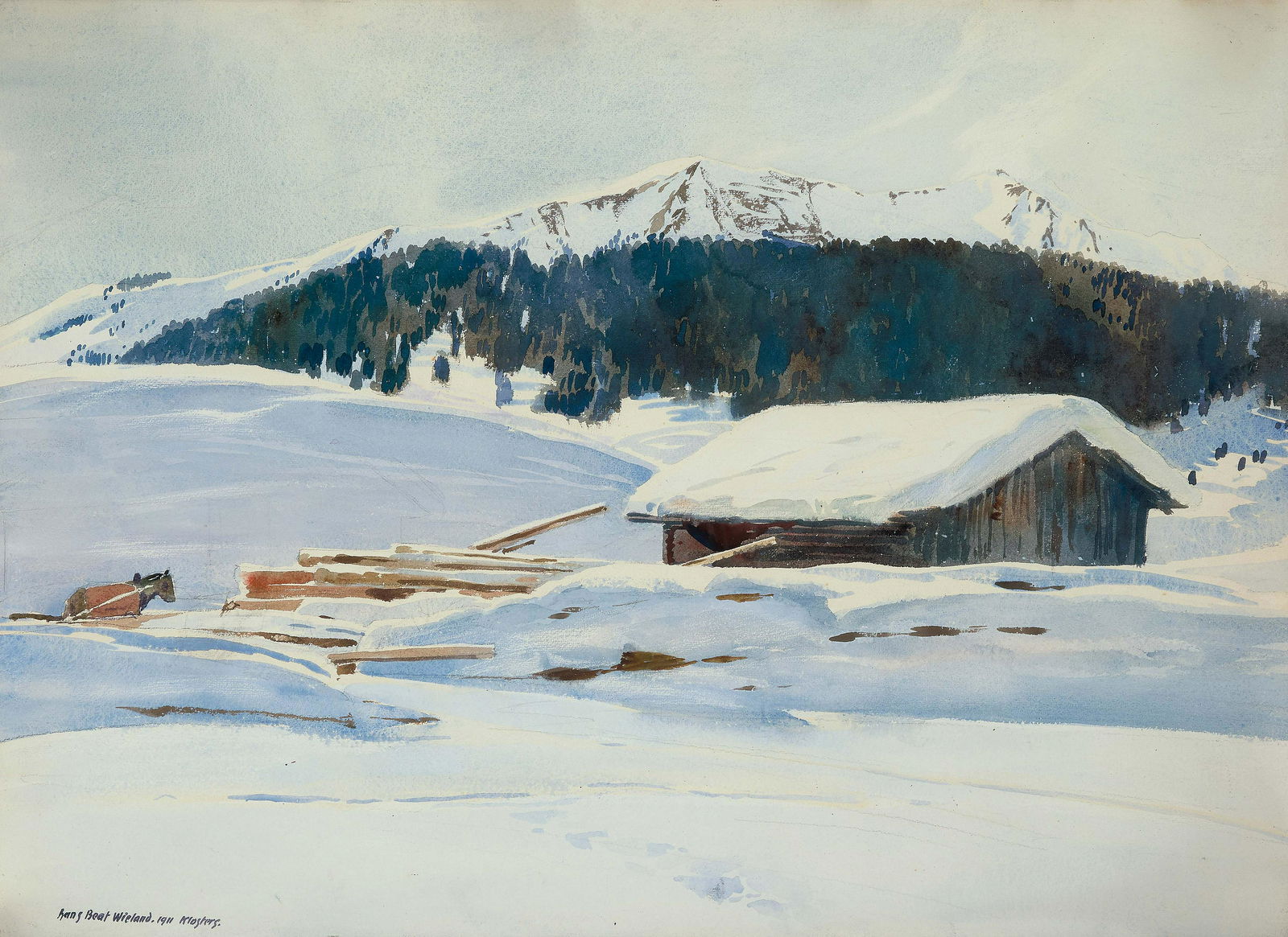 Wieland, Hans Beat: (Gallusberg bei Mörschwil 1867–1945 Kriens) "Klosters". Winterlandschaft. 1911. Aquarell auf Papier auf Karton. Unten links signiert, datiert und betitelt. Kartongrösse 55,5x75,5 cm. Gerahmt. -Bla