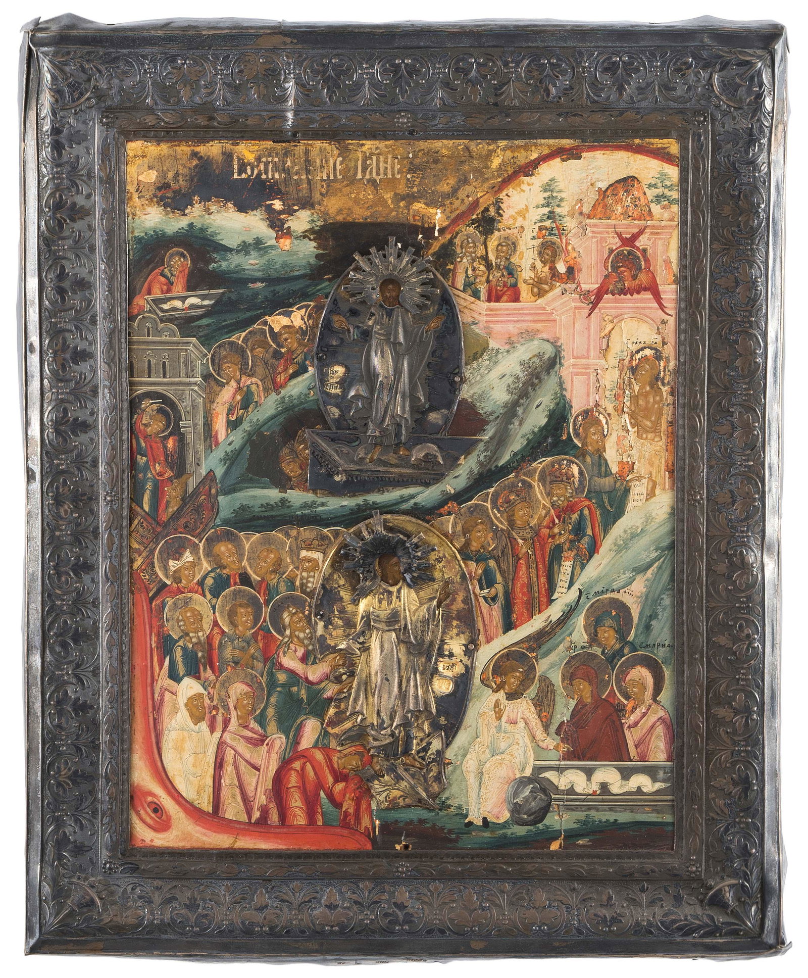 Höllenfahrt und Auferstehung Christi mit Silberbasma: Russisch, 1.Hälfte 19.Jh. (1) Ikone. Tempera über Kreidegrund auf Holz. Darstellungen in 2 Zonen. Unten: Höllenfahrt Christi. In der rechten Ecke die drei hl. Frauen am Grab. Oben: Auferstehung Chr