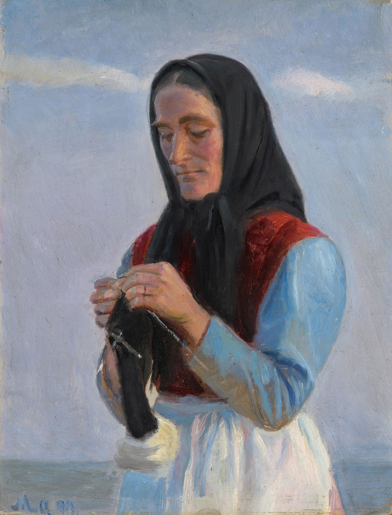 Ancher, Michael: (Bornholm 1849–1927 Skagen)Strickende Frau am Strand. 1899. Öl auf Karton montiert auf Holz. Unten links monogrammiert und datiert MA 99(?). 32,3x24,4 cm.