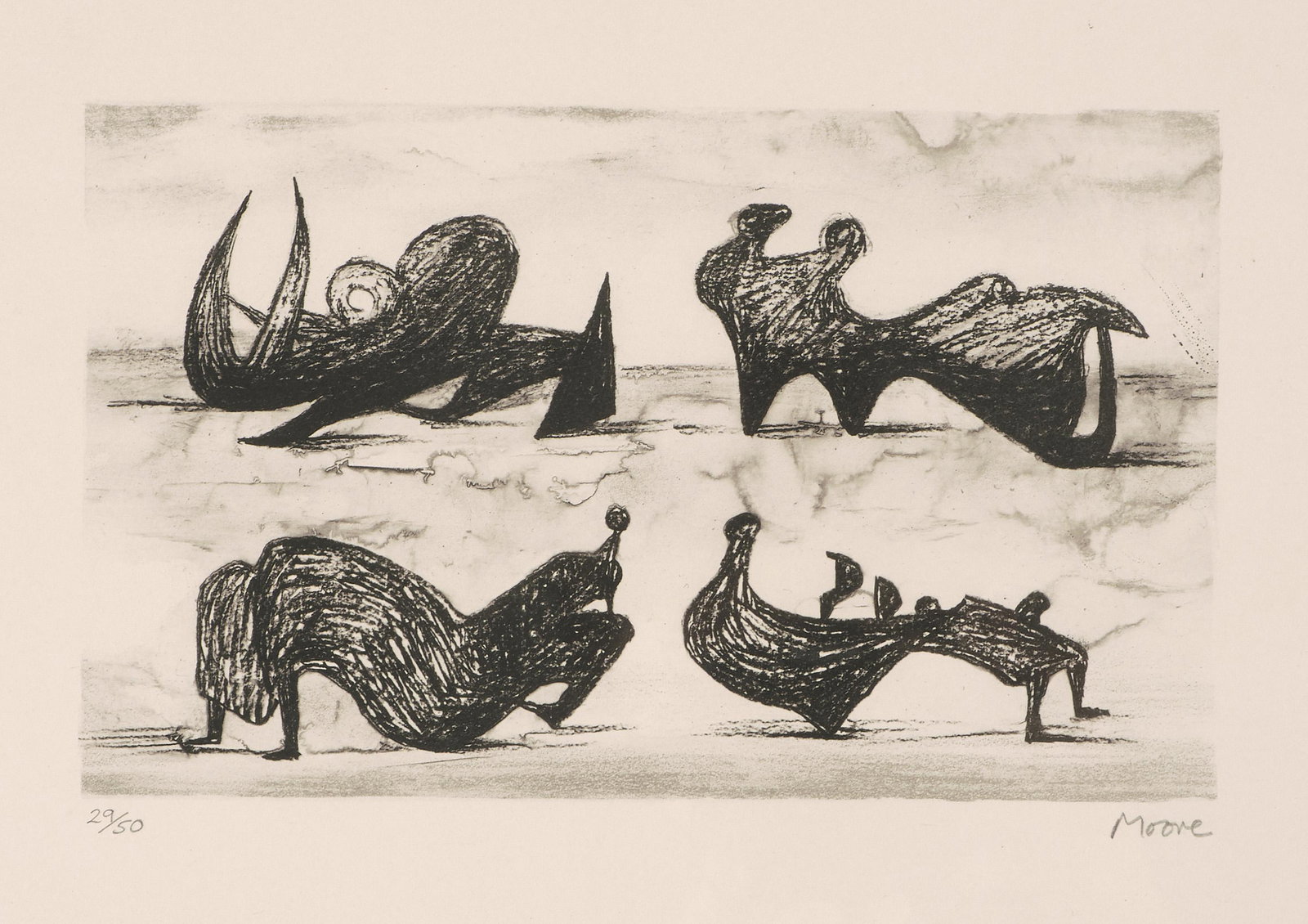 Moore, Henry: (Castleford, Yorkshire 1898–1986 London)"Four silhouette figures". 1973. Lithographie. 29/50. Unten rechts in Bleistift signiert. Unten links mit Wasserzeichen: Moore-Symbol. Darstellung 13,7x22,5 c