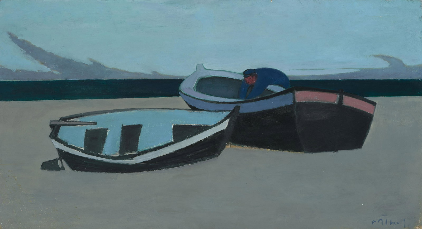 Potthof, Hans: (1911 Zug 2003)Fischerboote am Strand. Öl auf Leinwand. Unten rechts signiert. 62.5x117 cm. - Einige minimale Pigmentausbrüche. In der linken, unteren Ecke Flüssigkeitsspritzer (Tee?).