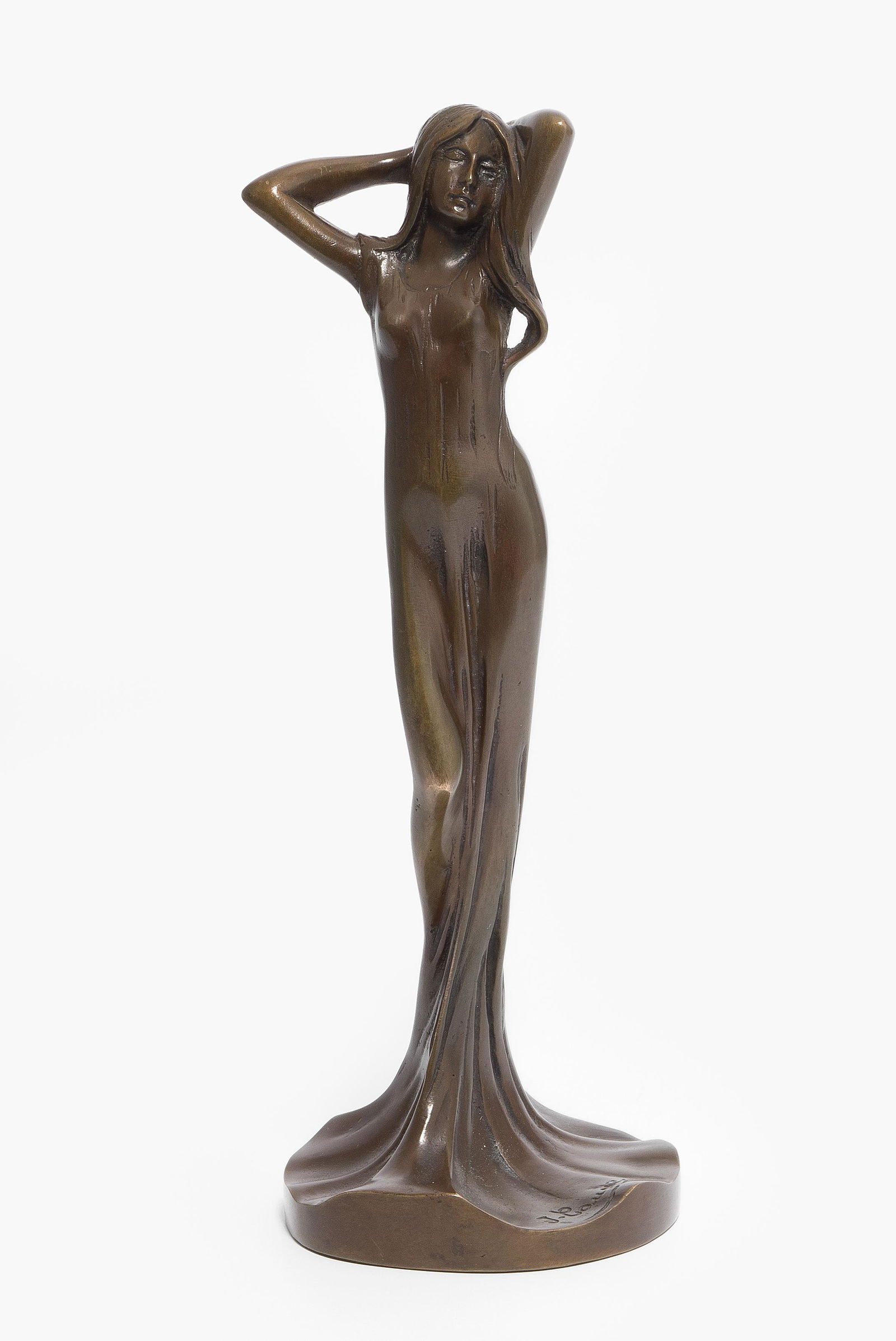 Julien Causse: (Frankreich 1869–1914)Figur: Stehende junge Frau mit langem Haar. Bronze, braun patiniert. Bezeichnet: J. Causse. H 21,5 cm.