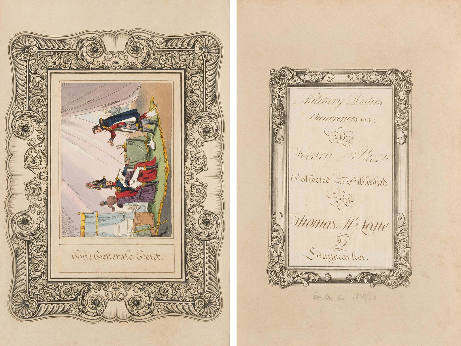 Alken, Henry Thomas.: Military Duties, Occurrences, &c., &c., by Henry Alken. Collected and Published by Thomas McLean. 26 Haymarket [contemporary manuscript title so lettered]. [London: c.1820-1823]. Gr. 8Â° (278 x 195
