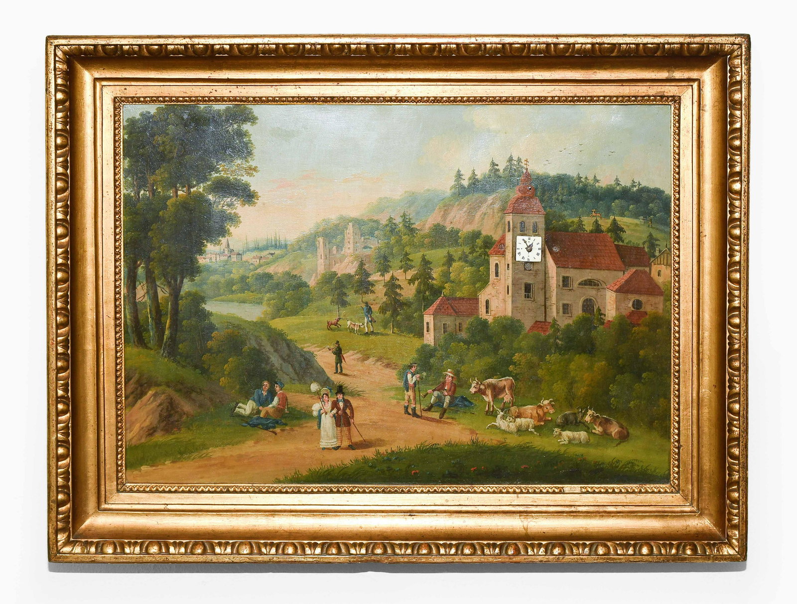 Bilderuhr mit Spielwerk: Ã–sterreich, um 1830. Biedermeier. Polychrome Oelmalerei auf Metall mit der Darstellung einer romantischen Flusslandschaft mit Architekturen und Personen- und Tierstaffage. Profilierter, vergoldete