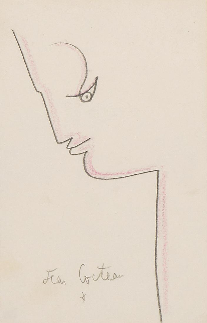 Cocteau, Jean: (Maison-la-Fitte 1889â€“1963 Milly-la-FÃ´ret)"Profil gauche". Ca. 1962. Blei- und Buntstift auf Papier. Unten mittig in Bleistift signiert. Verso bezeichnet: "4/1 Profil. soutenu rose 1962". Bl