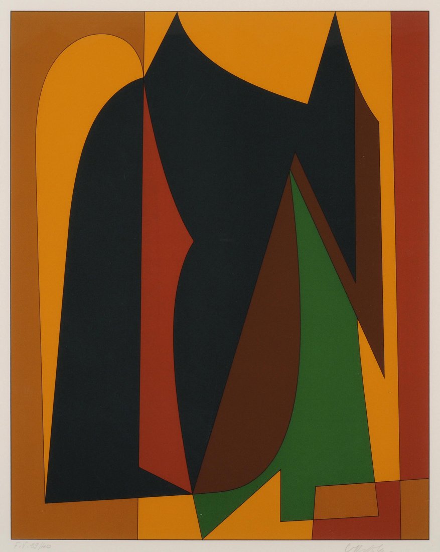Vasarely, Victor (Pécs (Ungarn) 1908–1997 Paris): Vasarely, Victor (Pécs (Ungarn) 1908–1997 Paris) Komposition in Schwarz, Gelb, Grün, Rot. Farbserigraphie. F.V. 29/40. Unten rechts in Bleistift signiert. Darstellung 56,8x54 cm. Blattgrösse 77,3