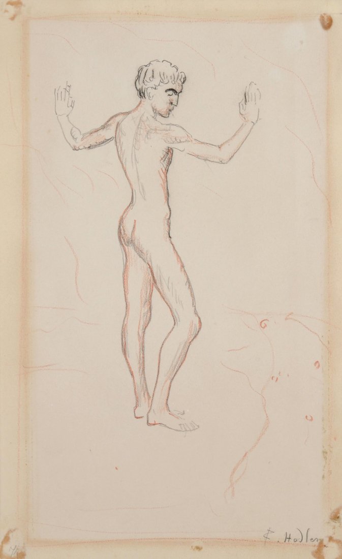 Hodler, Ferdinand (Bern 1853–1918 Genf) "Jüngling am: Hodler, Ferdinand (Bern 1853–1918 Genf) "Jüngling am Bach", Skizze. Bleistift, Rötel und Kohle auf Papier. Unten rechts signiert. Blattgrösse 39,5x24,2 cm. Gerahmt. -Blatt leicht gebräunt. Licht