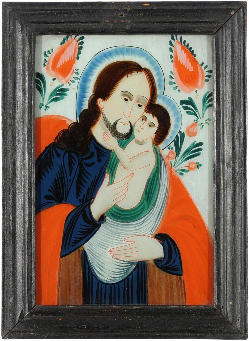 Böhmen, Buchers 1. Hälfte 19.Jh. Hl. Joseph mit dem: Böhmen, Buchers 1. Hälfte 19.Jh. Hl. Joseph mit dem Jesuskind vor weissem Hintergrund. In den oberen Zwickeln grosse Blütenmotive. Polychrome Malerei hinter Glas. 31x21 cm. - Minimale Farbverluste,