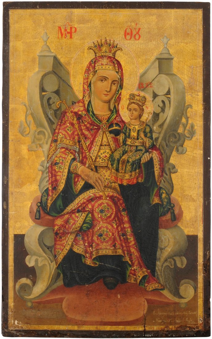 Gottesmutter unverwelkliche Blume Griechisch, um 1880.: Gottesmutter unverwelkliche Blume Griechisch, um 1880. Tempera über Kreidegrund auf Holz, späterer Firnis. Kirchenikone. Über Goldgrund Darstellung der auf einem Thron sitzenden Gottesmutter mit Kr