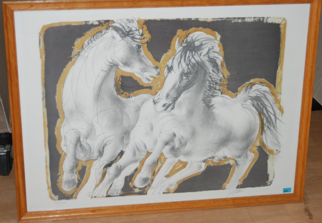 Erni, Hans (Luzern 1909) Zwei Pferde. Farblithographie.: Erni, Hans (Luzern 1909) Zwei Pferde. Farblithographie. 47/150. Unten rechts signiert. Lichtmass 55x75 cm. Gerahmt.