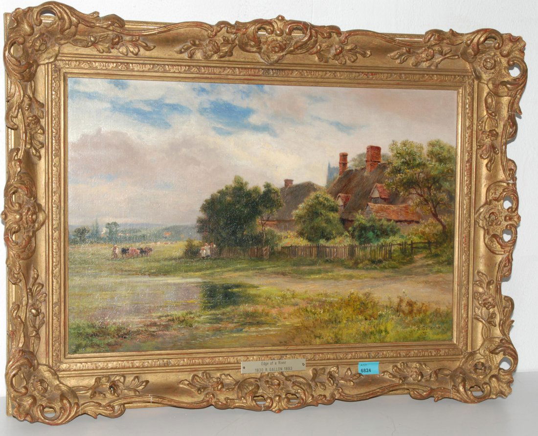 Gallon, Robert (England 1845â€“1925) Landschaft mit: Gallon, Robert (England 1845â€“1925) Landschaft mit Cottage und Staffagen. Ã–l auf Leinwand. Unten rechts signiert. 30,5x46 cm.