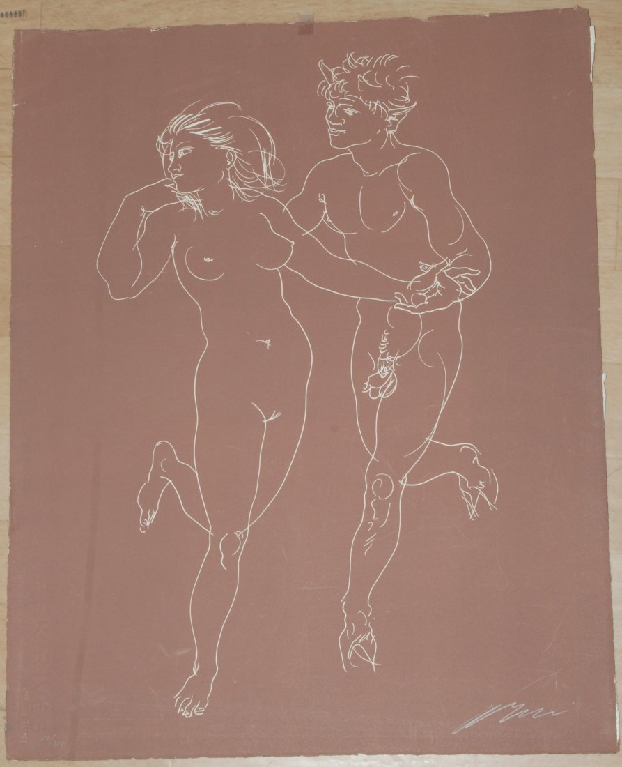 Erni, Hans (Luzern 1909) "Faun und Bacchantin" II und: Erni, Hans (Luzern 1909) "Faun und Bacchantin" II und IV. 1958. Lot von zwei Farblithographien. 26/120 und 51/120. Beide unten recht signiert. BlattgrÃ¶sse je 56x45,5 cm.