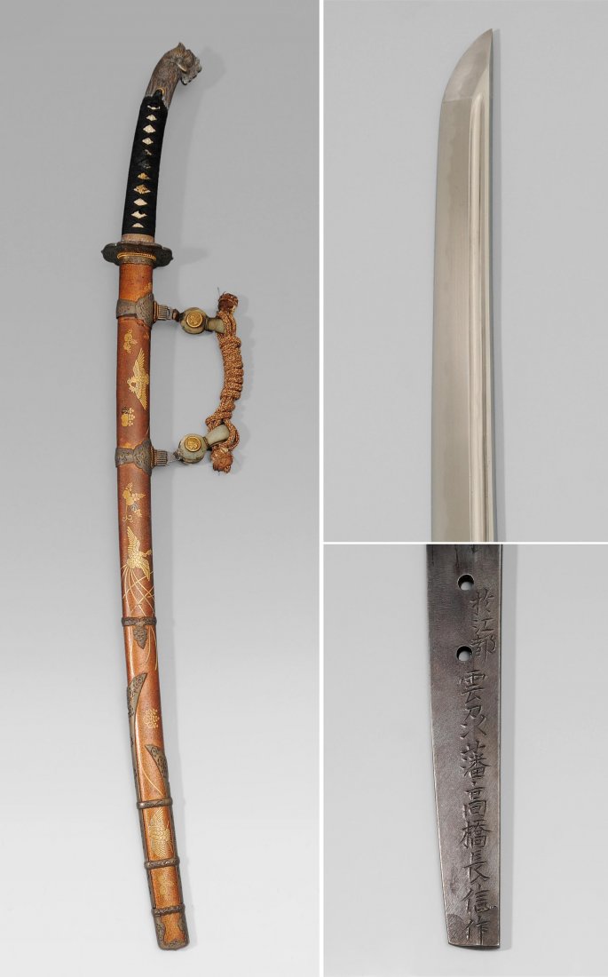 Tachi mit StÃ¤nder Japan, Edo-Zeit. Koshirae:: Tachi mit StÃ¤nder Japan, Edo-Zeit. Koshirae: Ikamonotsukuri no tachi. PhÃ¶nix (HÃ´oh) und Kiri in Gold-Makie auf goldenem Nashiji-Grund. MessingbeschlÃ¤ge. Tsuba, Fuchi aus weissem Metall mit