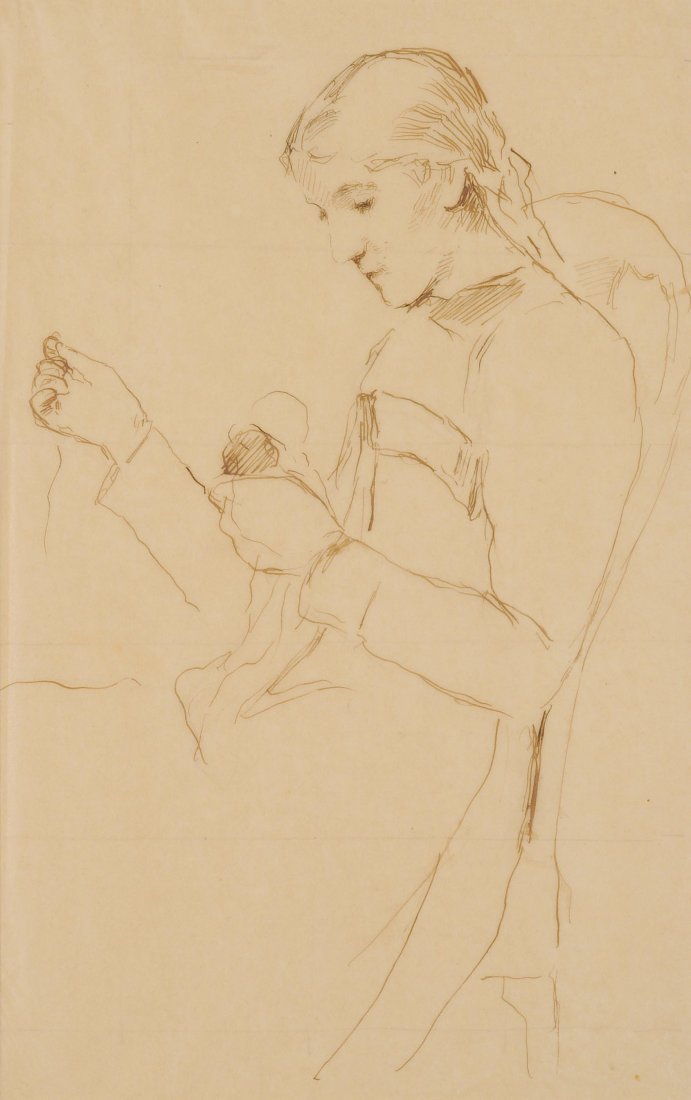Anker, Albert (1831 Ins 1910) NÃ¤hendes MÃ¤dchen.: Anker, Albert (1831 Ins 1910) NÃ¤hendes MÃ¤dchen. Feder in Braun auf Pergamin, quadriert in Bleistift. 33,2x21 cm. Unter Passepartout gerahmt. - Leicht vergilbt.