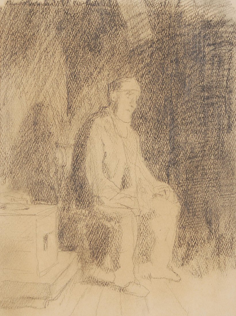 Anker, Albert (1831 Ins 1910) Sitzender Mann. Kohle: Anker, Albert (1831 Ins 1910) Sitzender Mann. Kohle auf Papier, auf Karton aufgezogen. 27,2 x 20,7 cm. Gerahmt. - Etwas gebrÃ¤unt.