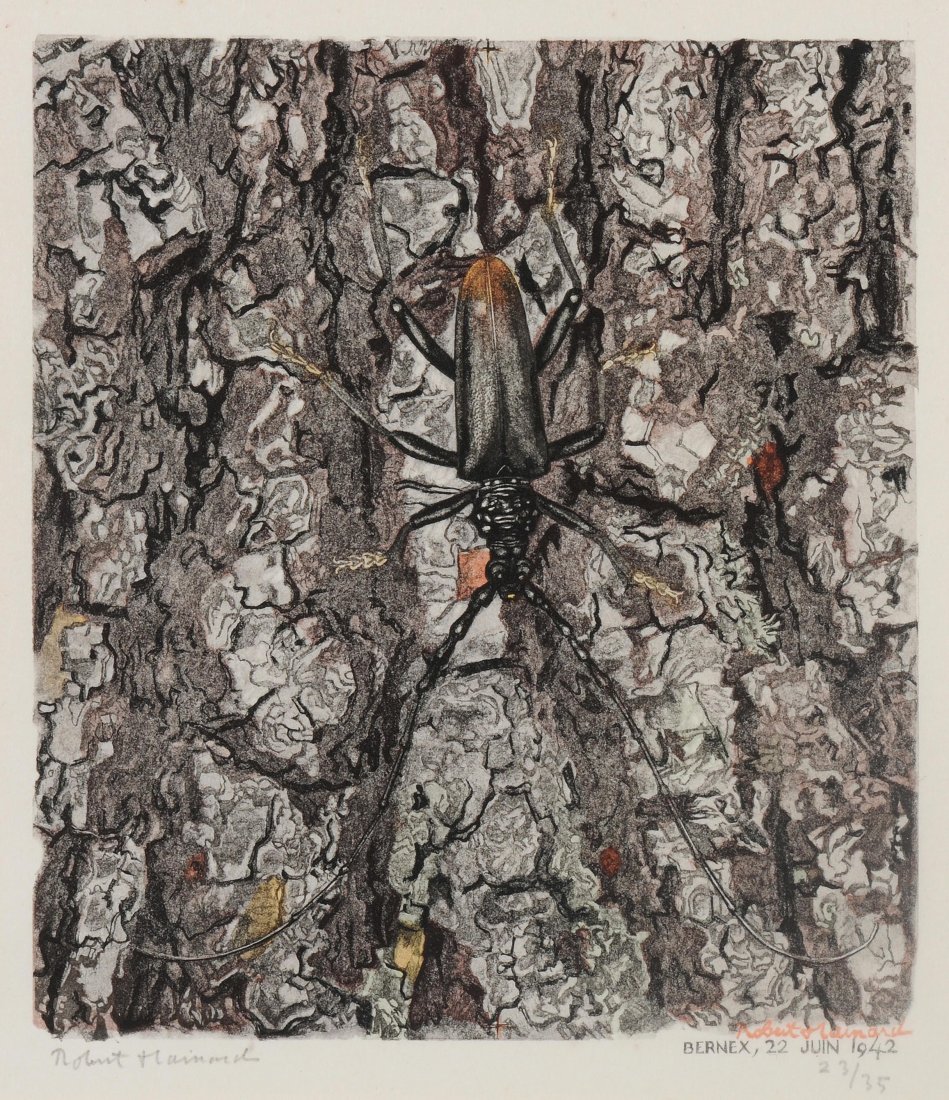 *Hainard, Robert (Genf 1906â€“1999 Gland) Grosser: *Hainard, Robert (Genf 1906â€“1999 Gland) Grosser Eichenbock. 1942. Farbholzschnitt. 23/35. Unten links in Bleistift signiert. Unten rechts bezeichnet und datiert: "Bernex, 22 Juin 1942". Blattgr