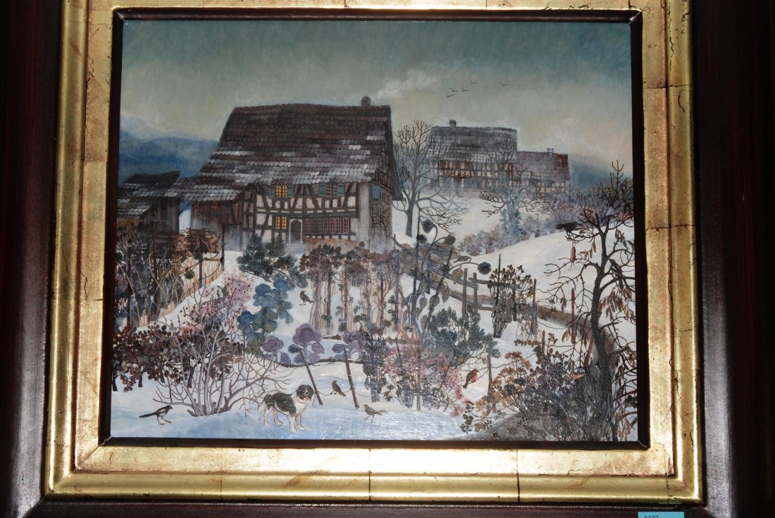 Tobler, Verena (geboren in ZÃ¼rich 1939): Tobler, Verena (geboren in ZÃ¼rich 1939) Winterlandschaft, Weiler mit Riegelhaus. Tempera auf Hartfaserplatte. Unten rechts monogrammiert. 25x30 cm. Gerahmt.
