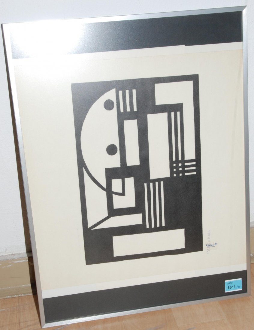 Kassak, Lajos (Nove Zamky 1887â€“1967 Budapest): Kassak, Lajos (Nove Zamky 1887â€“1967 Budapest) "Bildarchitektur". 1965. Lot von 10 Linolschnitten und 1 Farbserigraphie mit Heft in Papiermappe. Editions Paderna. Alle unten rechts mit Stempel: 