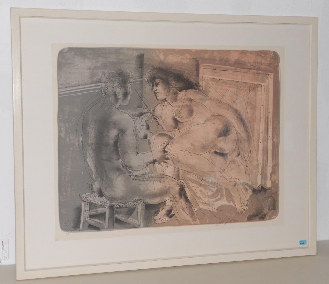 Erni, Hans (Luzern 1909) "Der Maler und sein Modell".: Erni, Hans (Luzern 1909) "Der Maler und sein Modell". 1965. Farblithographie. 39/150. Unten rechts signiert. Lichtmass 52x69,4 cm. Gerahmt.
