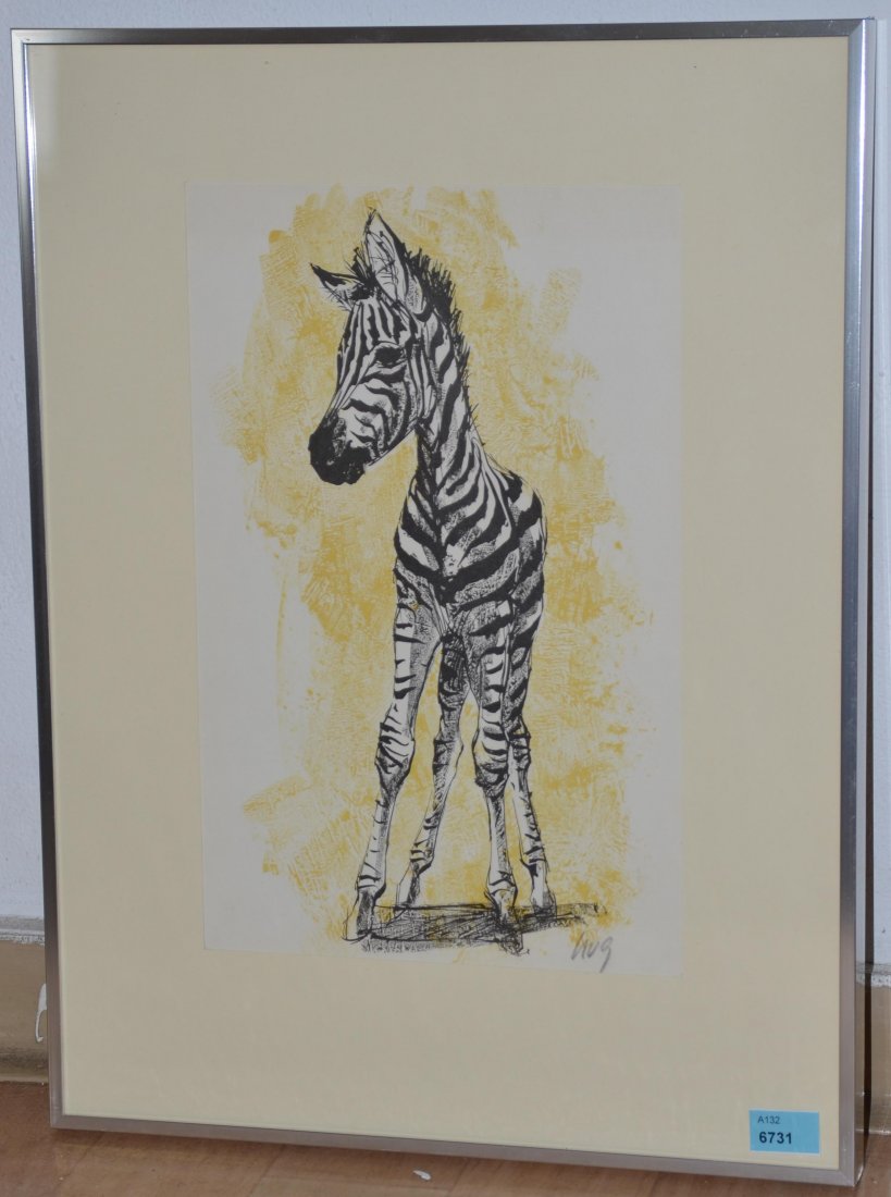 Hug, Fritz (Dornach 1921â€“1989 ZÃ¼rich) Zebra.: Hug, Fritz (Dornach 1921â€“1989 ZÃ¼rich) Zebra. Farblithographie. Unten rechts signiert. BlattgrÃ¶sse 39,5x29,5 cm. Gerahmt.