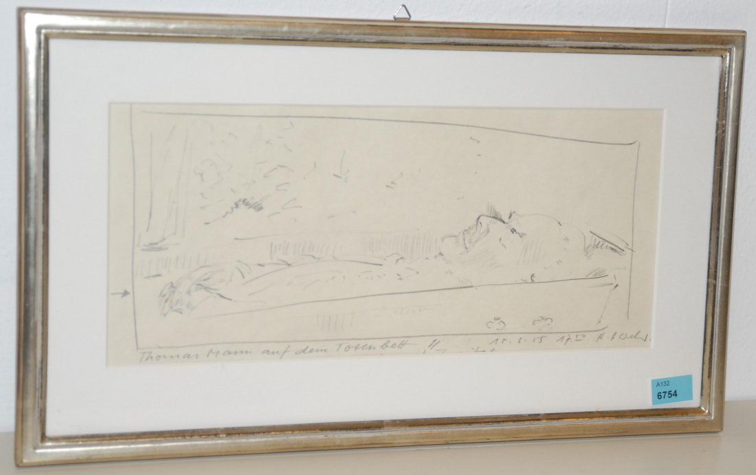 Weber, Hans Peter (Bern 1914â€“2012 Maur) "Thomas Mann: Weber, Hans Peter (Bern 1914â€“2012 Maur) "Thomas Mann auf dem Totenbett". 1955. Bleistift auf Papier. Unten rechts signiert. Unten links betitelt und datiert. Lichtmass 13x30 cm. Gerahmt.