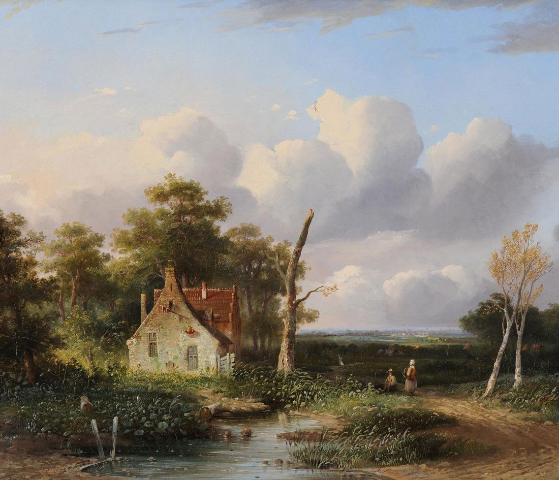 Bilders, Albertus Gerardus (Utrecht 1838â€“1865: Bilders, Albertus Gerardus (Utrecht 1838â€“1865 Amsterdam) Schenke mit zwei Figuren bei Weiher. Ã–l auf Leinwand. Unten in der Mitte signiert. 49,7x59,7 cm. - Kleiner Leinwanddefekt im Himmel.