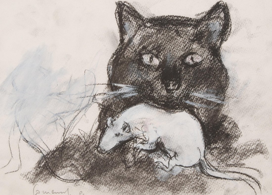 Comensoli, Mario (Lugano 1922â€“1993 ZÃ¼rich) Katze mit: Comensoli, Mario (Lugano 1922â€“1993 ZÃ¼rich) Katze mit Maus. 1991. Kohle und Deckweiss auf Papier. Unten links in Bleistift signiert und datiert. BlattgrÃ¶sse 20,8x29,5 cm. Gerahmt. -Am rech