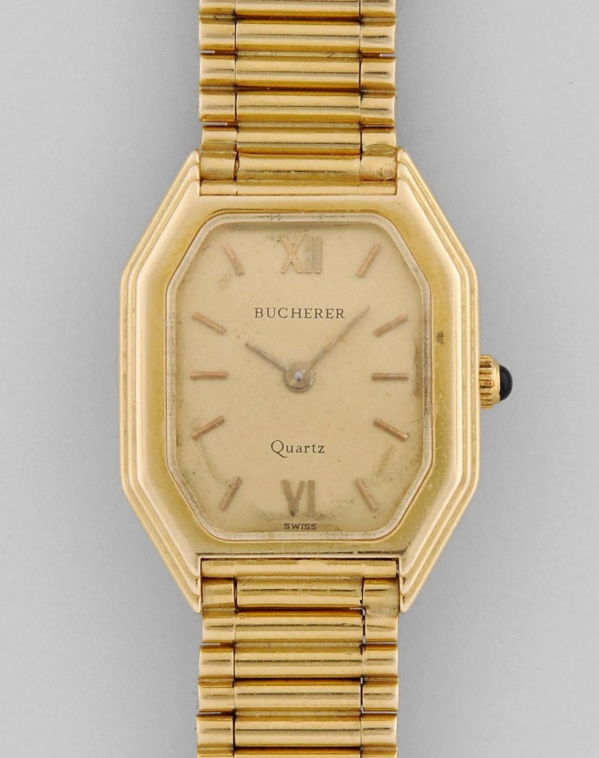 Bucherer Quarz Oktagonale Damenarmbanduhr aus 750: Bucherer Quarz Oktagonale Damenarmbanduhr aus 750 Gelbgold ca. 40g. Quarzwerk, Boden gedrÃ¼ckt, GehÃ¤usenummer 978.009, D. 20mm. Goldfarbenes Zifferblatt mit goldfarbenen, rÃ¶mischen Stundenzahl