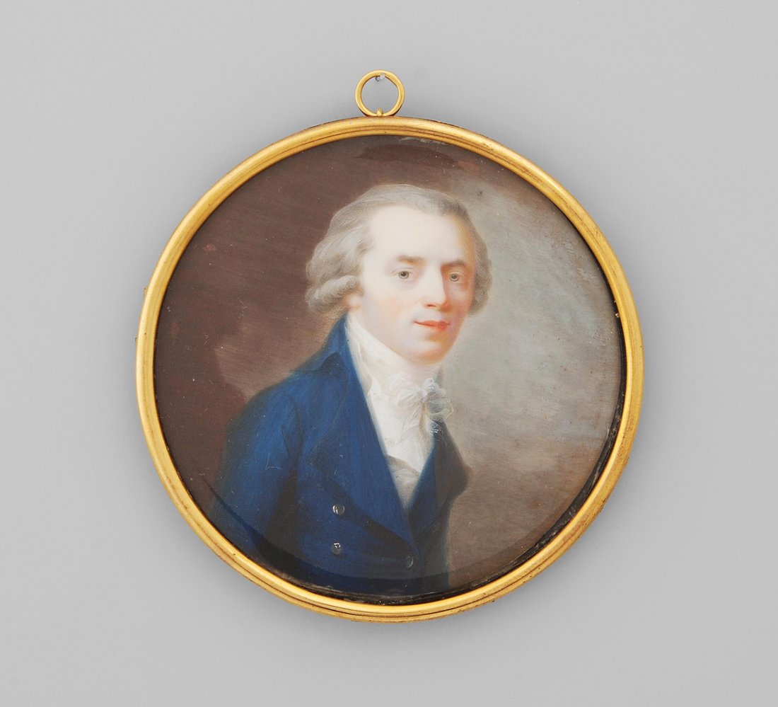 HerrenportrÃ¤t, Schweiz, um 1800 Gouache auf Elfenbein,: HerrenportrÃ¤t, Schweiz, um 1800 Gouache auf Elfenbein, rund. RÃ¼ckseitig Etikette: Bouvier Pierrre Louis, Genf 1766â€“1836. Brustbild eines jungen Herrn in blauem Rock, weissem Hemd und Hals