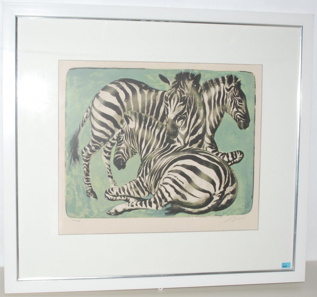 Erni, Hans (Luzern 1909) "Drei Zebras". 1959.: Erni, Hans (Luzern 1909) "Drei Zebras". 1959. Farblithographie 51/150. Lichtmass 41,5x50,5 cm. Gerahmt.
