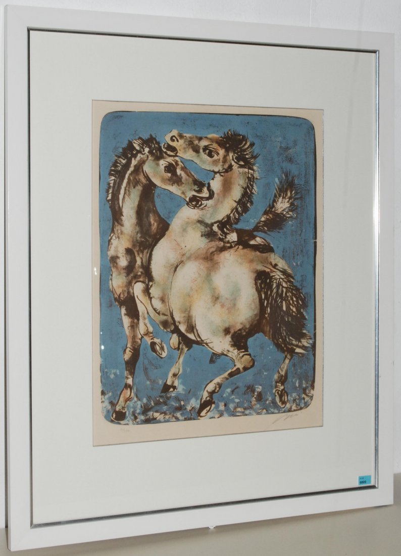 Erni, Hans (Luzern 1909) "Zwei Pferde". 1959.: Erni, Hans (Luzern 1909) "Zwei Pferde". 1959. Farblithographie. 97/150. Unten rechts signiert. Lichtmass 51,5x39,5 cm. Gerahmt.