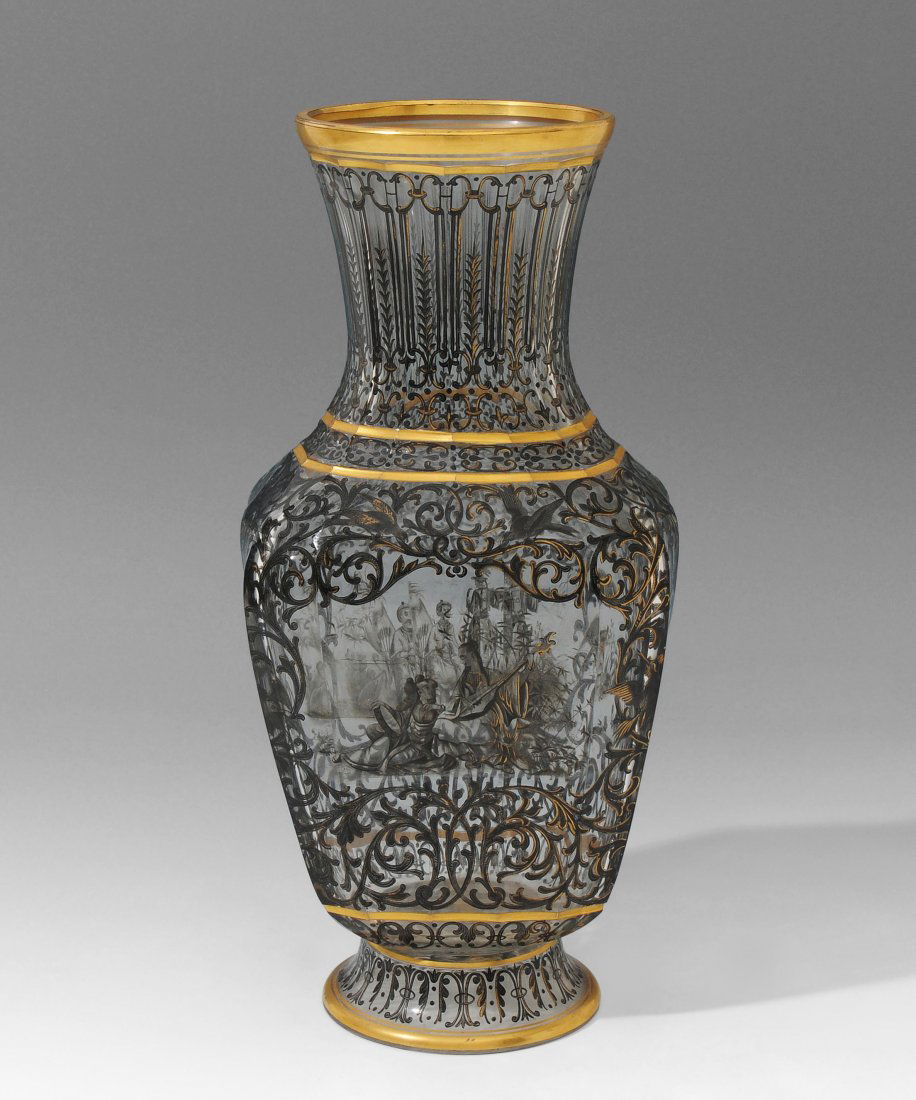 Vase, BÃ¶hmen, um 1890 In der Art von Ignaz Preissler: Vase, BÃ¶hmen, um 1890 In der Art von Ignaz Preissler (BÃ¶hmen 1676â€“1741). Wohl Meyr's Neffe, Adolf bei Winterberg. Farbloses Glas, SchÃ¤lschliff, Schwarzlotmalerei mit Gold: Chinesendeko