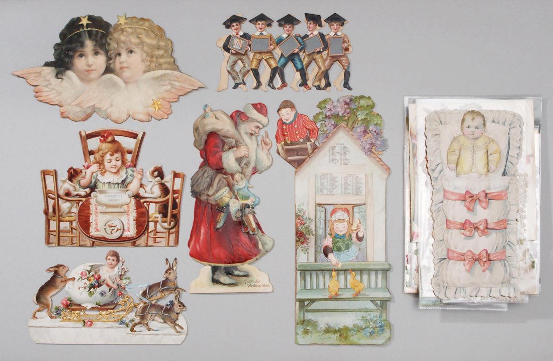 Lot: 30 grosse GlÃ¼ckwunschkarten, um 1900: Lot: 30 grosse GlÃ¼ckwunschkarten, um 1900 Chromolithographie, geprÃ¤gt, gestanzt, teilweise mit Glimmer, Verschiedenste Stell-, Falt- und Zugkarten in konturierter AusfÃ¼hrung. L ca.12â€“2