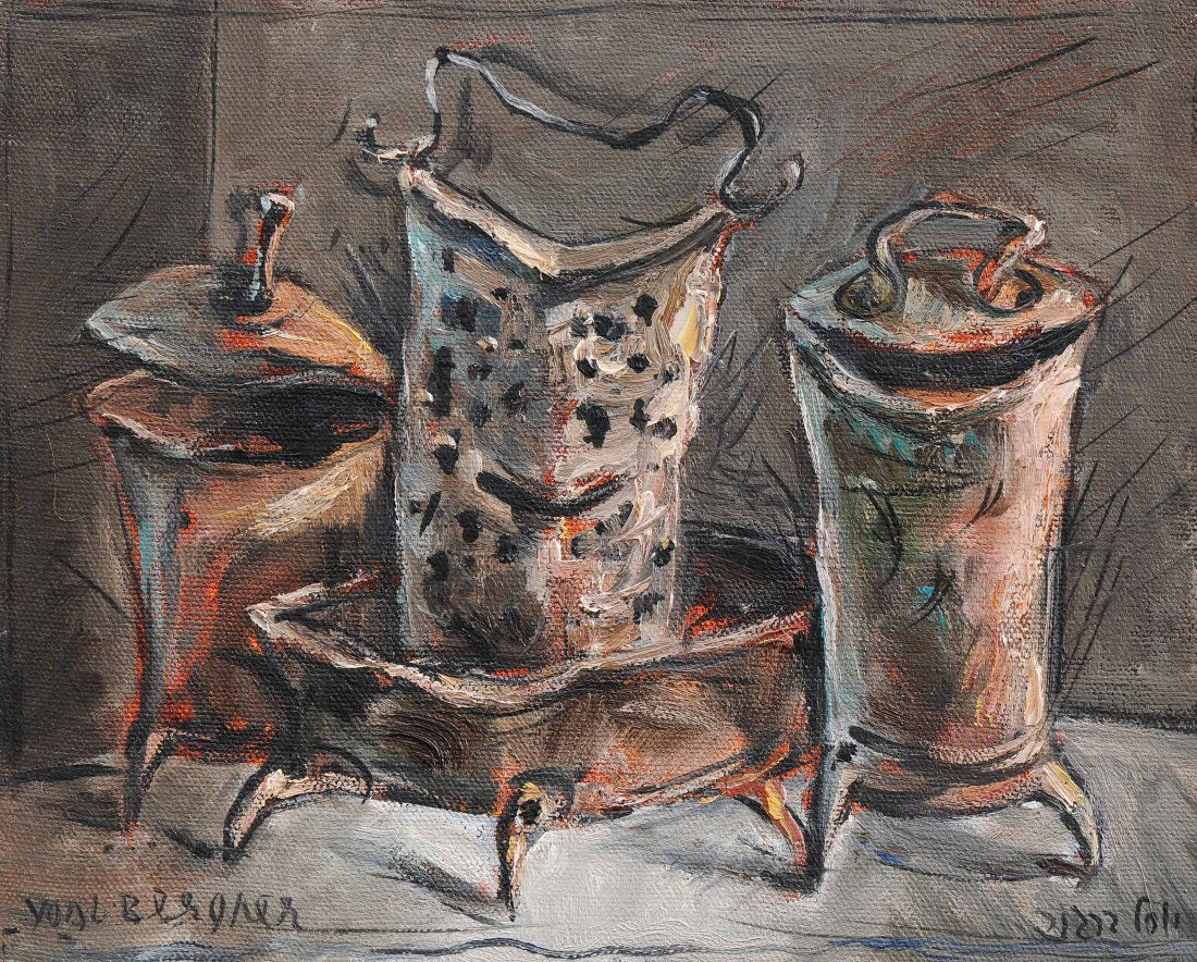 Bergner, Yosl (geboren in Wien 1920, lebt und arbeitet: Bergner, Yosl (geboren in Wien 1920, lebt und arbeitet in Tel Aviv) "Still-life with grater". Ã–l auf Leinwand. Unten links und rechts signiert, verso betitelt und dediziert. 22,5x27,5 cm.