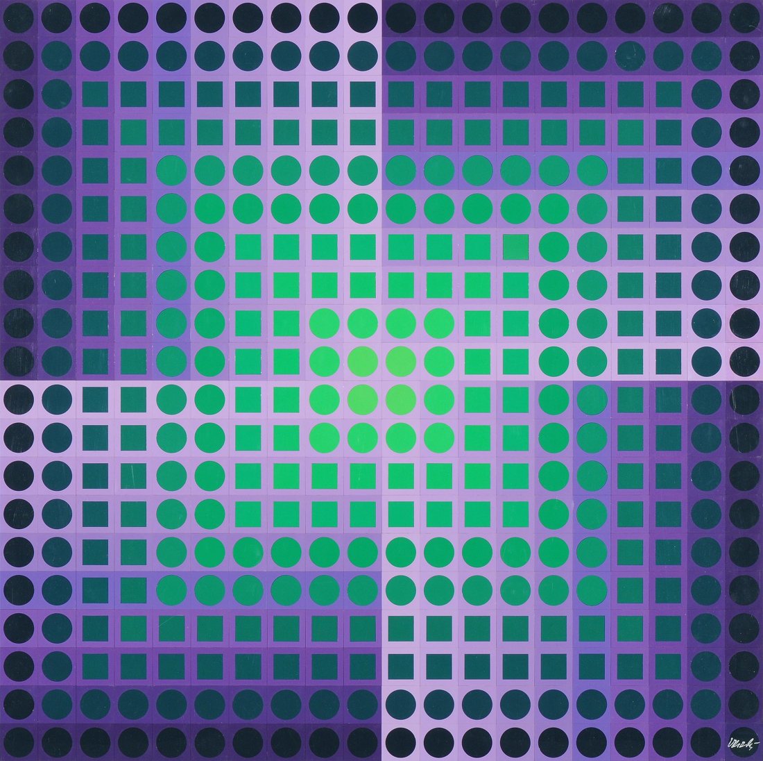 Vasarely, Victor (PÃ©cs (Ungarn) 1908â€“1997 Paris): Vasarely, Victor (PÃ©cs (Ungarn) 1908â€“1997 Paris) "Planetory Folklore Participation No. 2". 1971. Lot von zwei Platten mit je 800 kodierten, plastischen Einheiten. Farbversion Lila-GrÃ¼n. 1