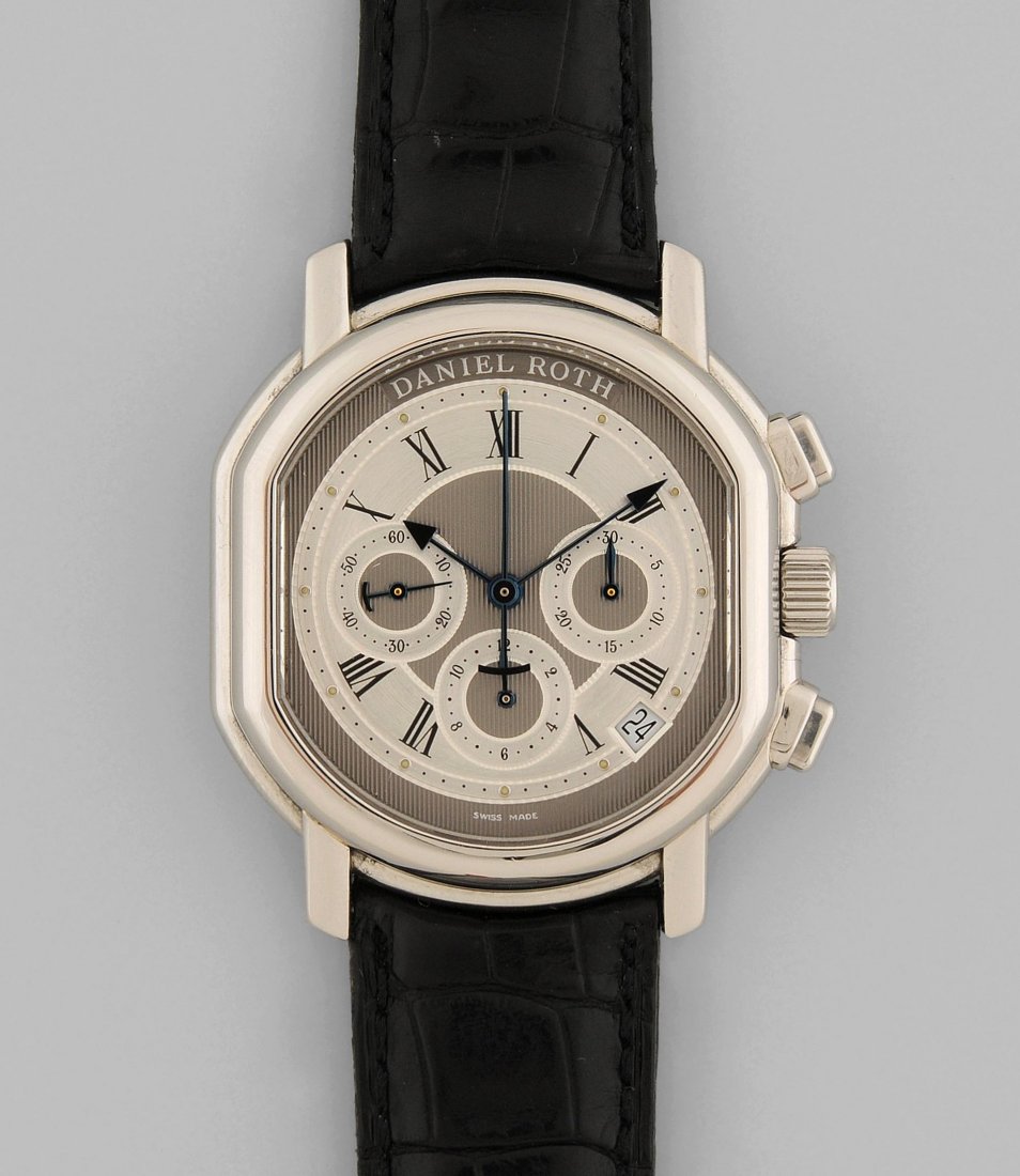 Daniel Roth Limited Edition Runder, automatischer: Daniel Roth Limited Edition Runder, automatischer Herrenchronograph in zweiseitig abgeschrägtem, runden Stahlgehäuse. Boden verschraubt mit Zenith El Primero-Werk, D 34 mm. Schwarze, römische Stund