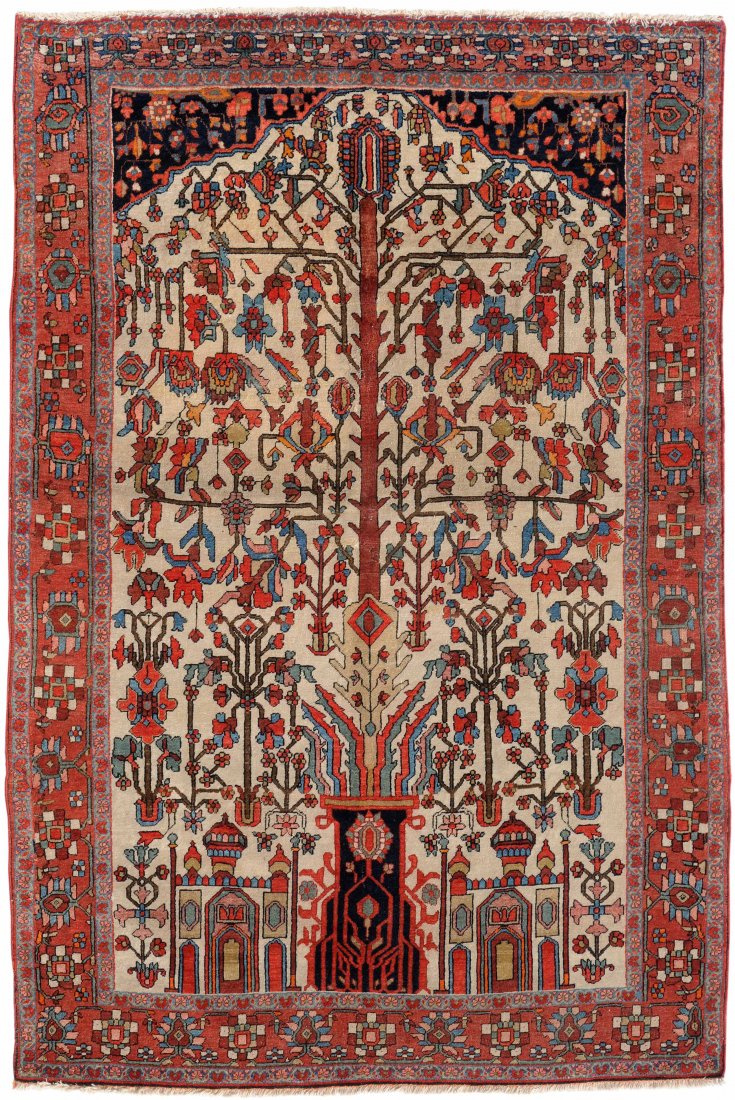 Saruk-Farahan Z-Iran, um 1900. Im elfenbeinfarbenen: Saruk-Farahan Z-Iran, um 1900. Im elfenbeinfarbenen Mittelfeld sind unter einer blauen Gebetsnische (Mihrab) 2 Moscheen und eine Blumenvase mit stark geometrischen Ranken und Blumen angebracht. Rote, 