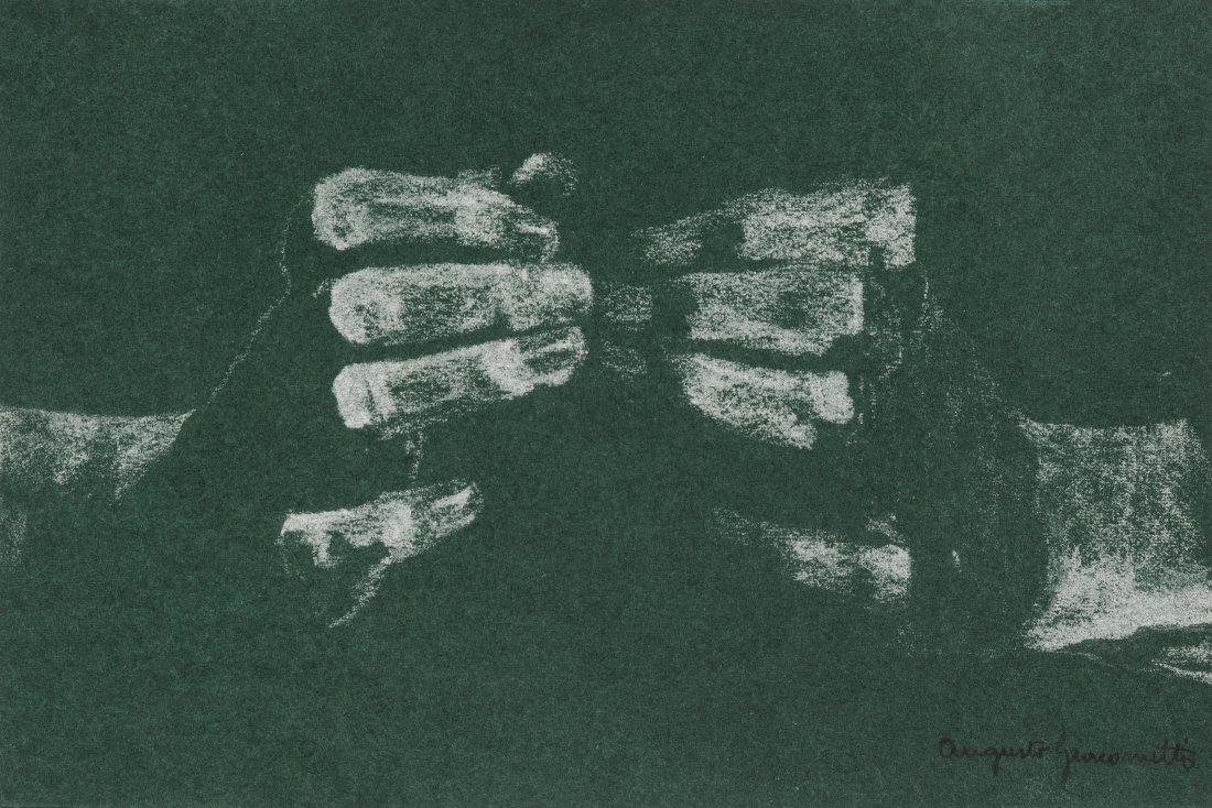 Giacometti, Augusto (Stampa 1877–1947 Zürich) Sich: Giacometti, Augusto (Stampa 1877–1947 Zürich) Sich berührende Hände. Kreide auf grünem Papier. Unten rechts in Tusche signiert. Blattgrösse 16,2x24,5 cm. Gerahmt. -Blatt leicht wellig und minim